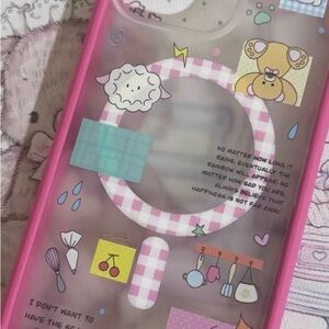 Cute Pink Gingham Phone Case with Cartoon Design